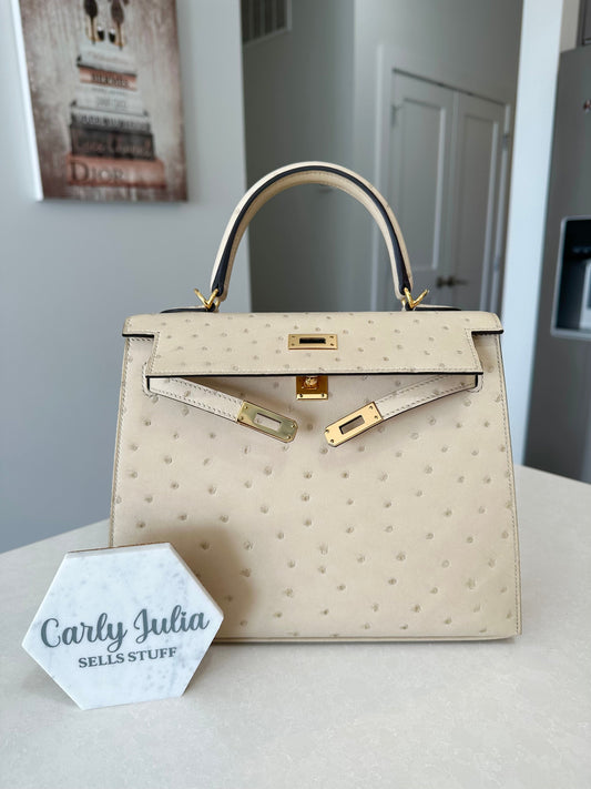 Hermes Kelly 25 Ostrich Sellier Parchemin GHW - Carly Julia Sells Stuff, LLC