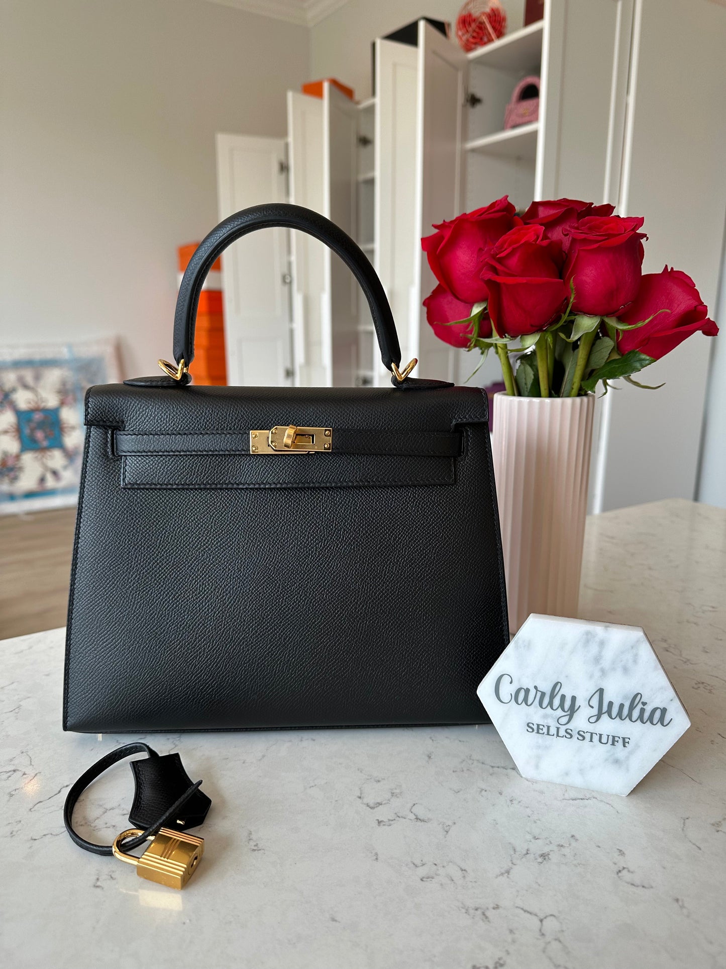 Hermes Kelly 25 Sellier Epsom Noir GHW - Carly Julia Sells Stuff, LLC