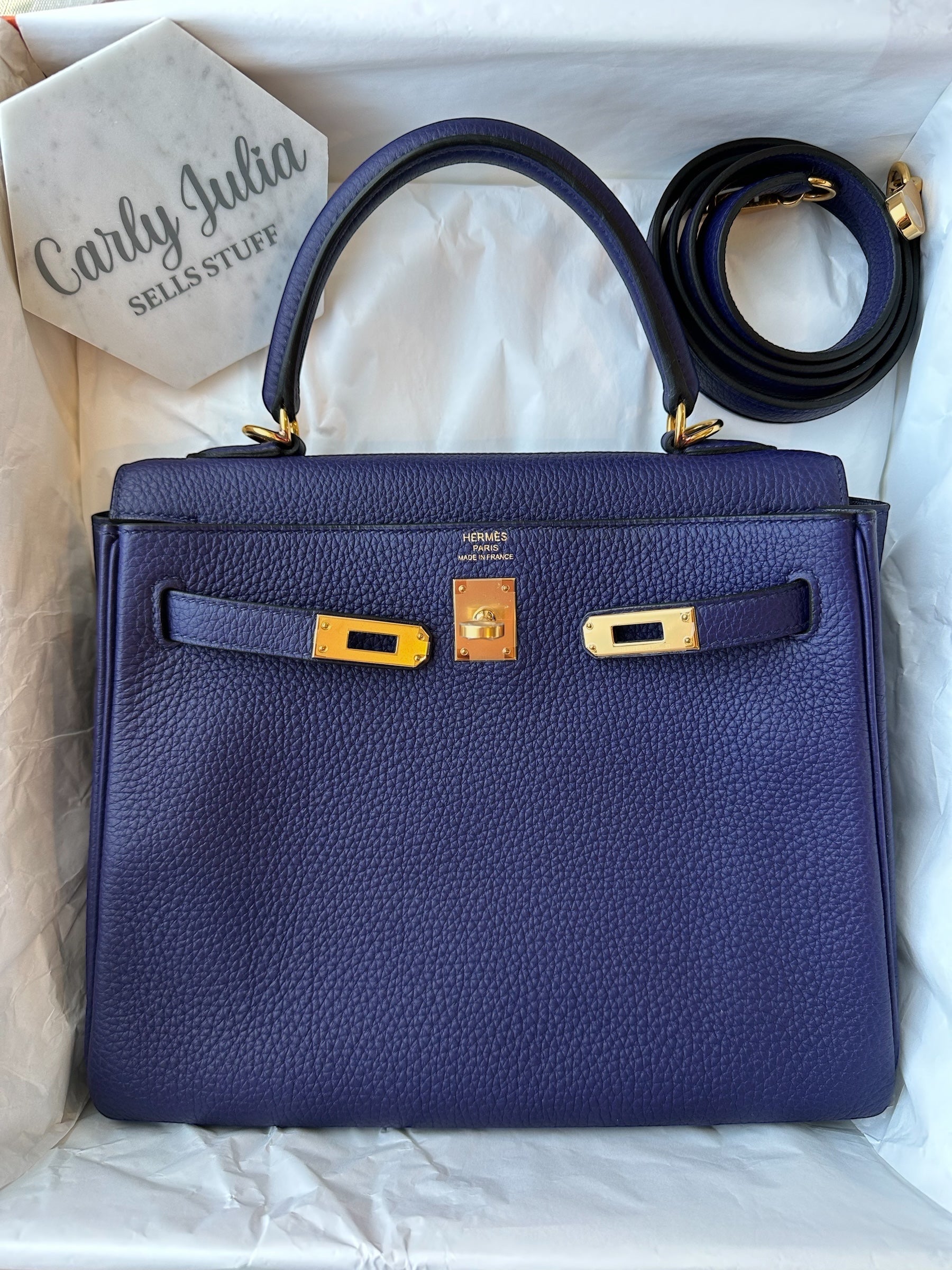 Hermes Kelly 25 Togo Retourne Blue Encré GHW - Carly Julia Sells Stuff, LLC