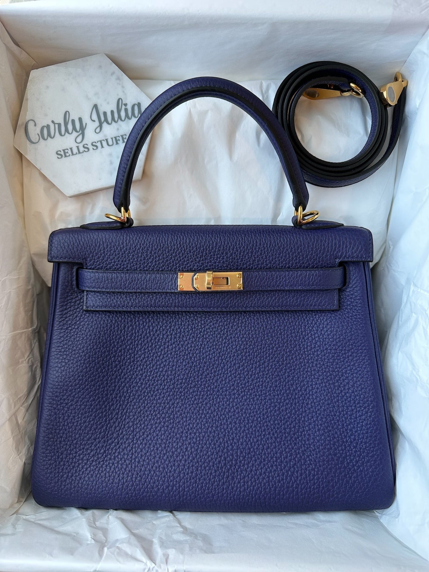 Hermes Kelly 25 Togo Retourne Blue Encré GHW - Carly Julia Sells Stuff, LLC