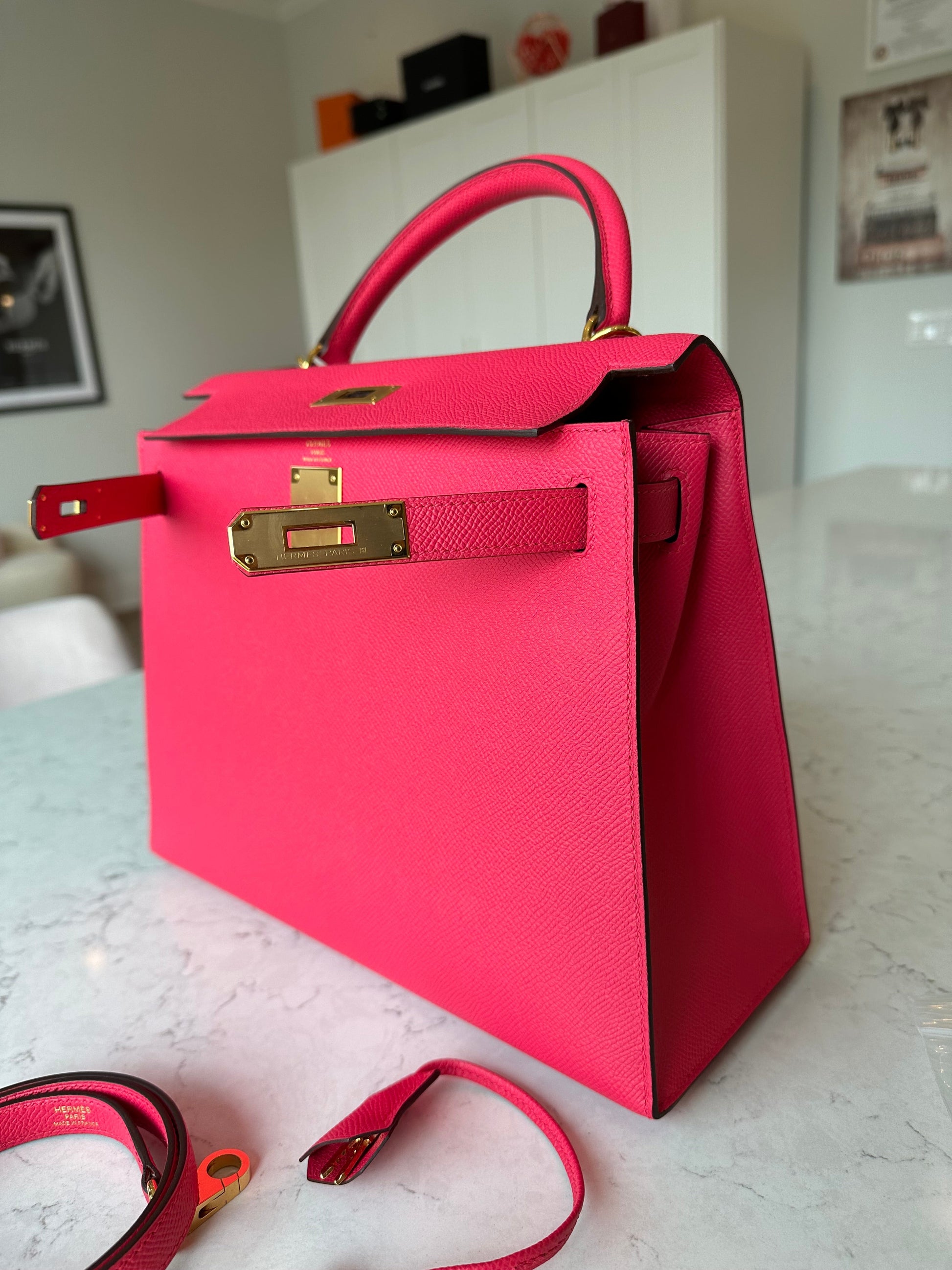 Hermes Kelly 28 Sellier Rose Extreme Pink Epsom GHW - Carly Julia Sells Stuff, LLC