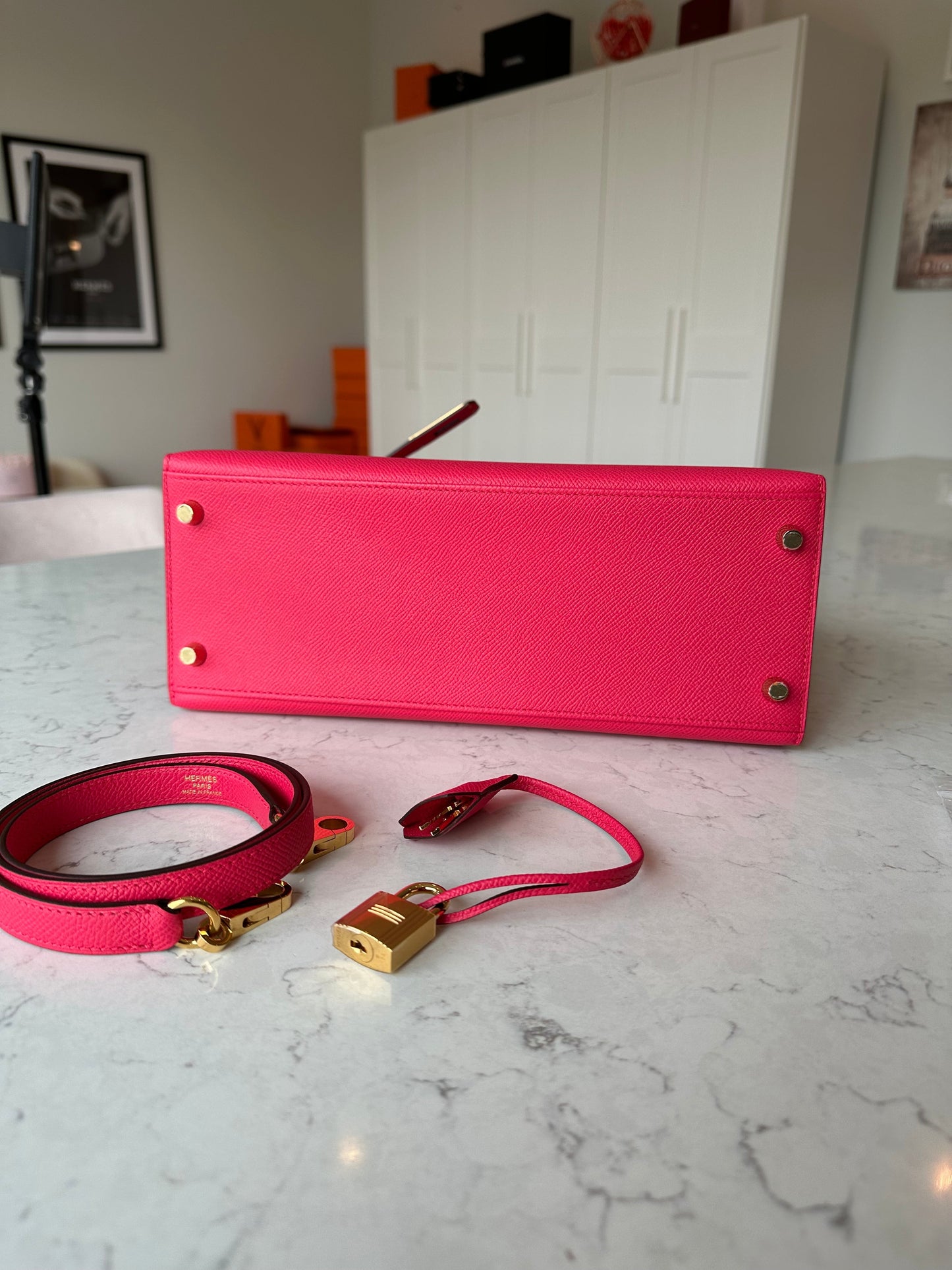 Hermes Kelly 28 Sellier Rose Extreme Pink Epsom GHW - Carly Julia Sells Stuff, LLC