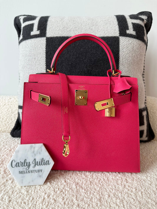 Hermes Kelly 28 Sellier Rose Extreme Pink Epsom GHW - Carly Julia Sells Stuff, LLC