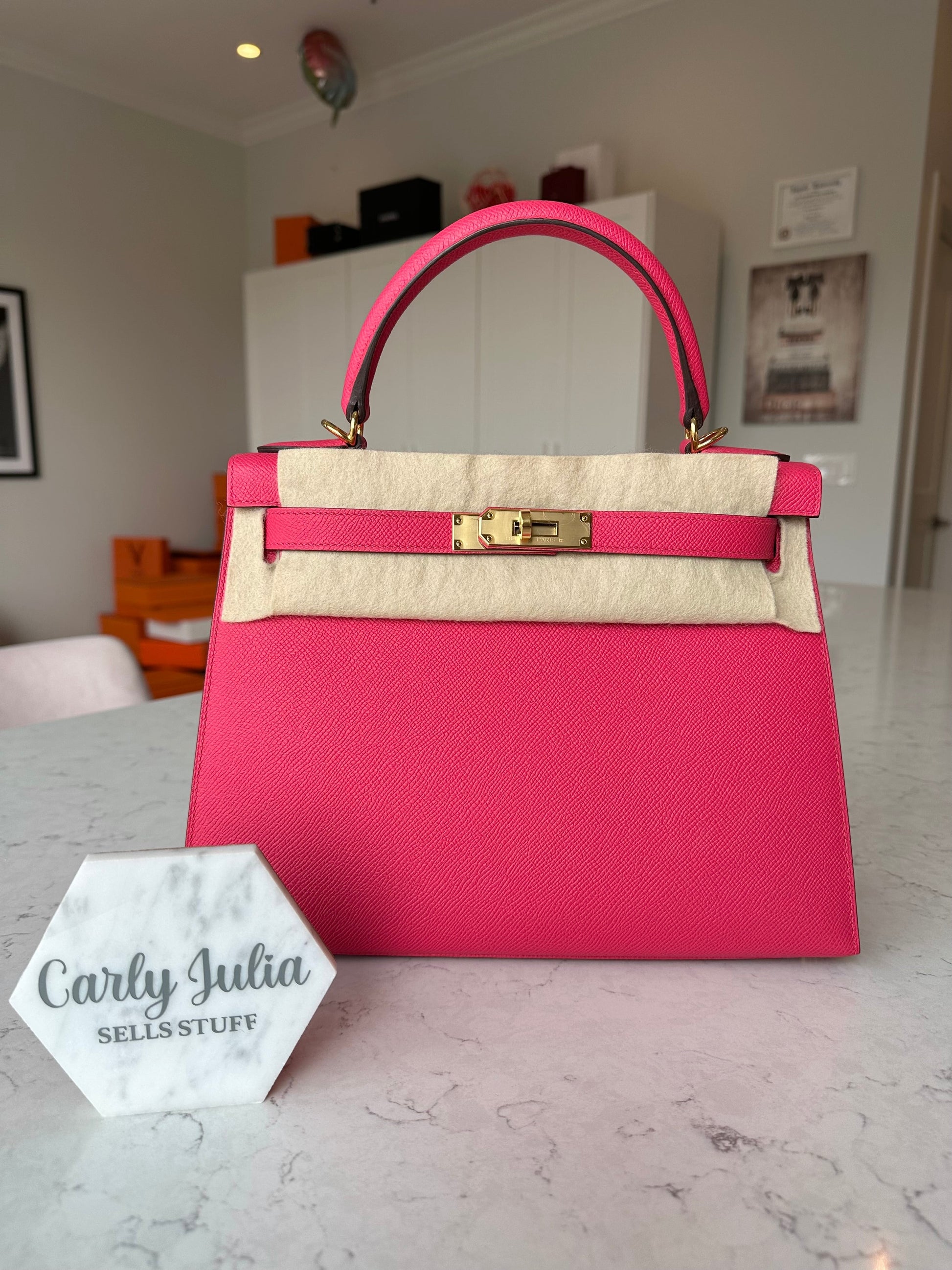 Hermes Kelly 28 Sellier Rose Extreme Pink Epsom GHW - Carly Julia Sells Stuff, LLC