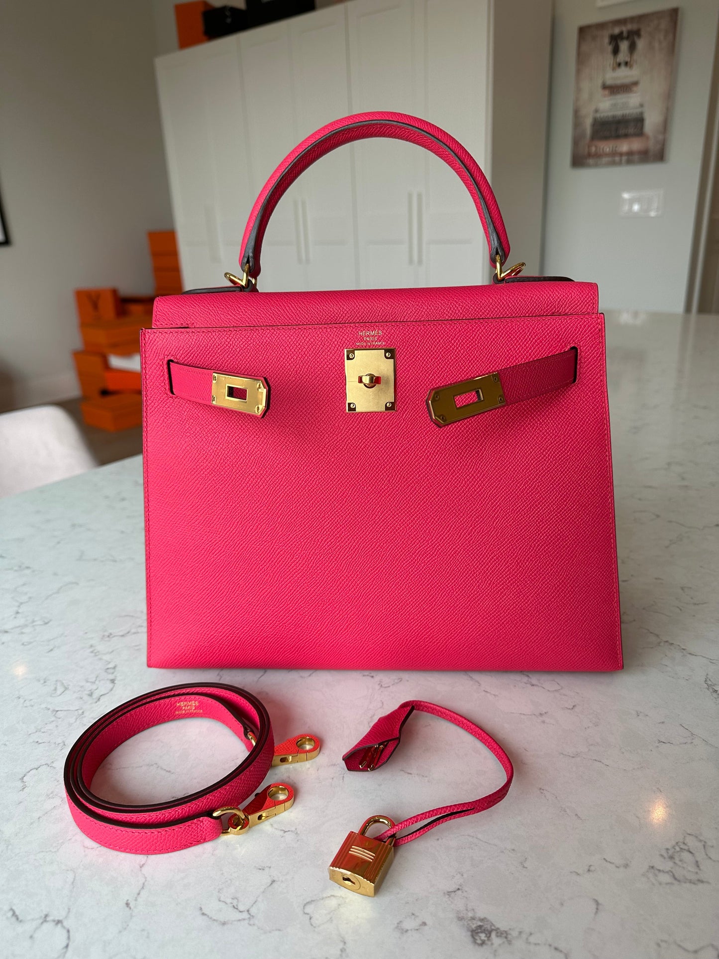 Hermes Kelly 28 Sellier Rose Extreme Pink Epsom GHW - Carly Julia Sells Stuff, LLC