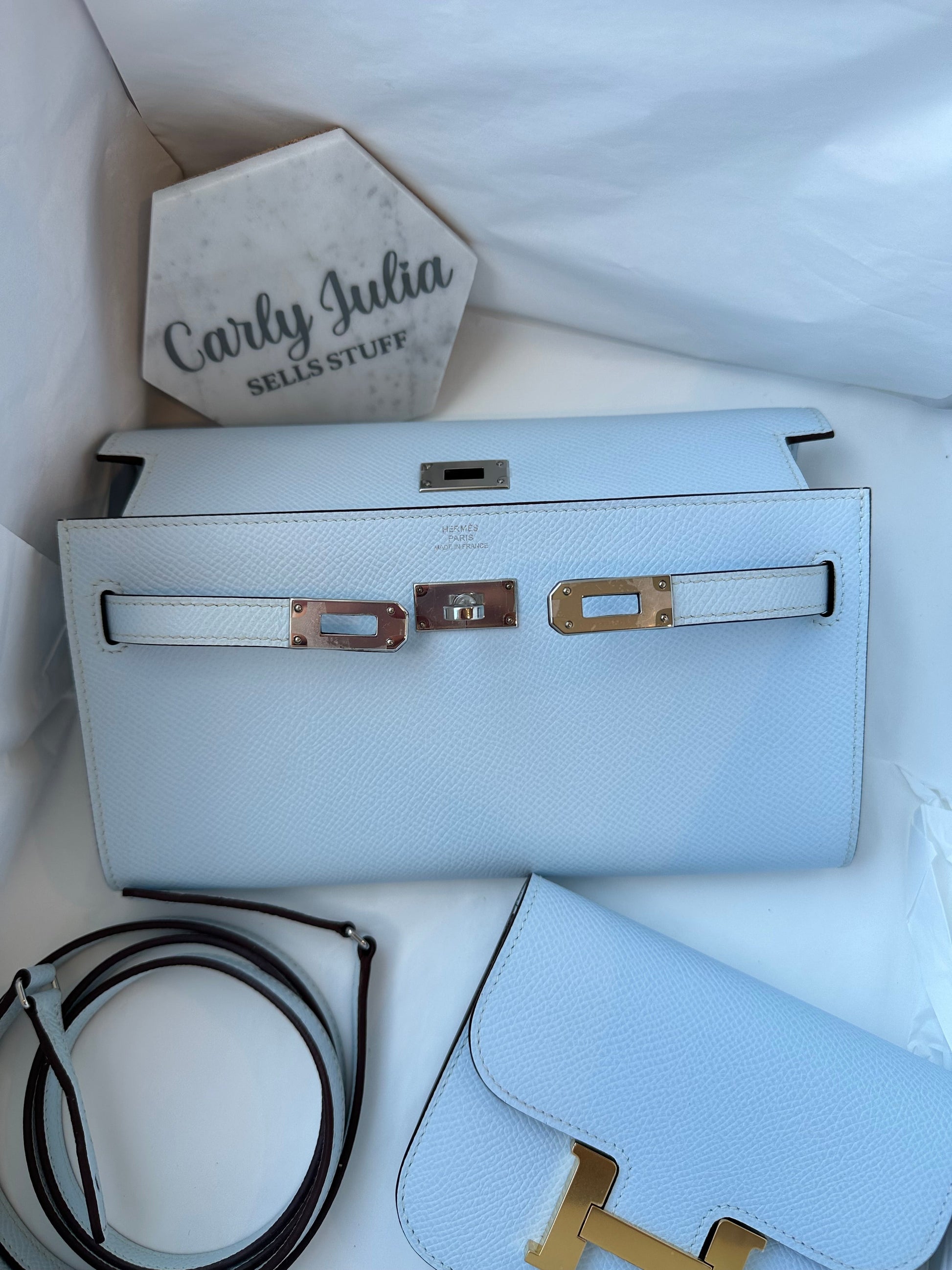 Hermes ‘Kelly - To - Go’ Blue Brume PHW - Carly Julia Sells Stuff, LLC