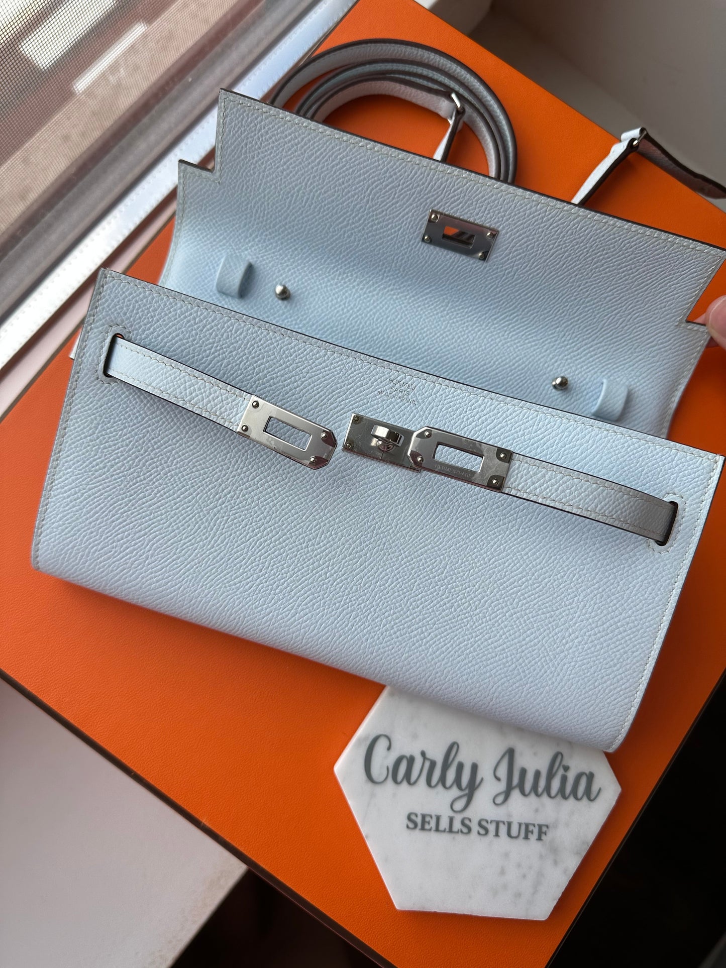 Hermes ‘Kelly - To - Go’ Blue Brume PHW - Carly Julia Sells Stuff, LLC