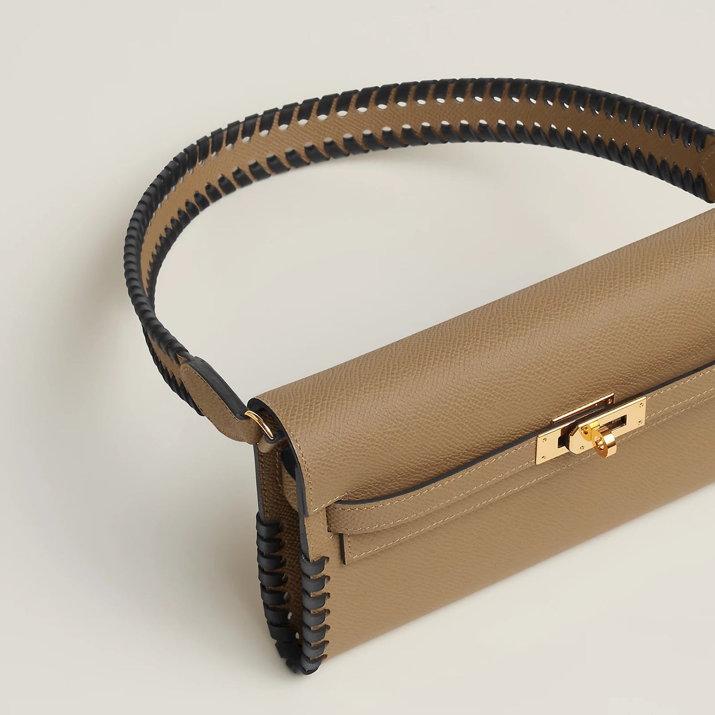 Hermes Kelly To Go Tressage Poussiere/Noir GHW - Carly Julia Sells Stuff, LLC