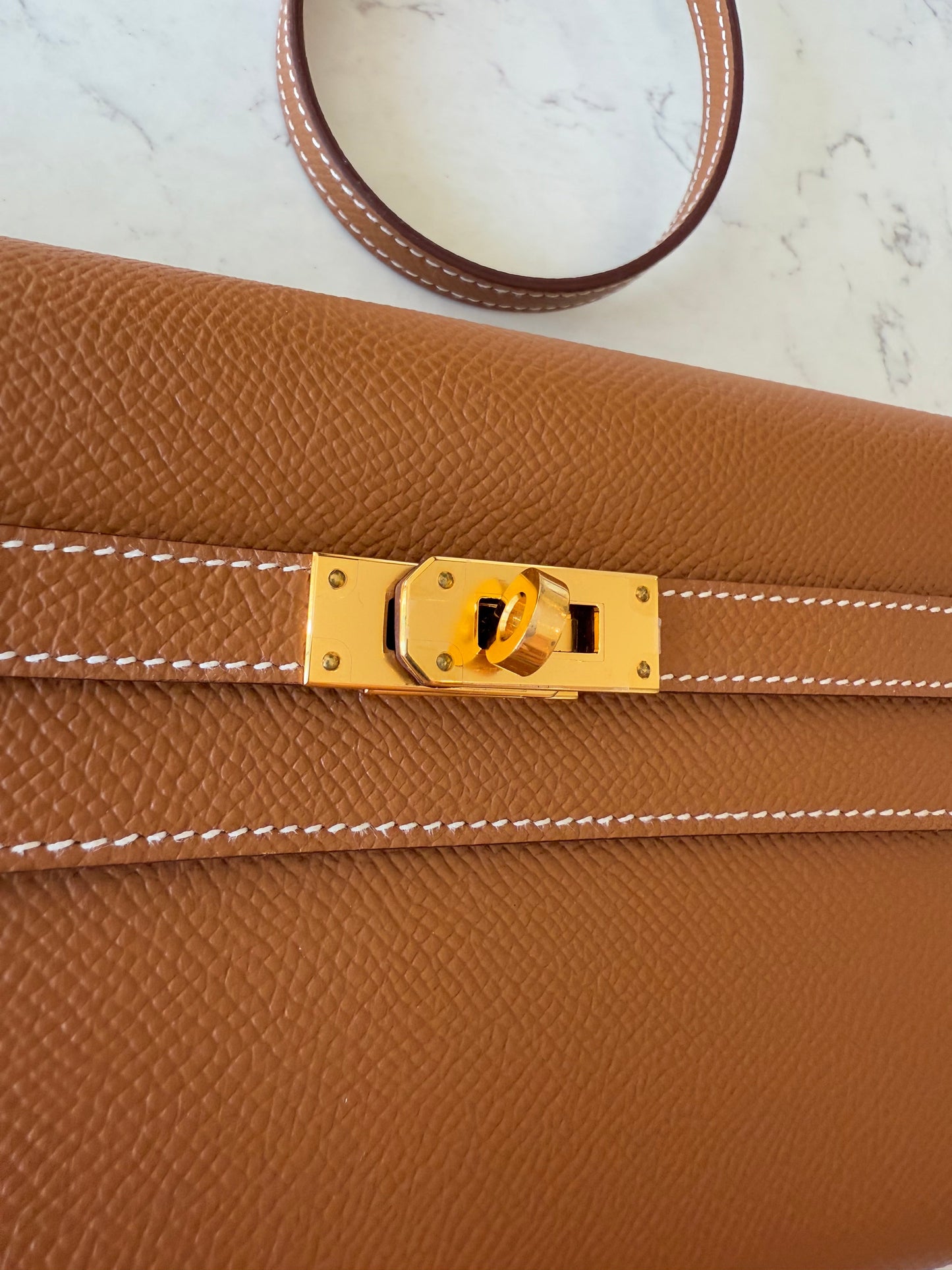 Hermès Kelly Wallet ‘To Go’ Gold Epsom GHW - Carly Julia Sells Stuff, LLC