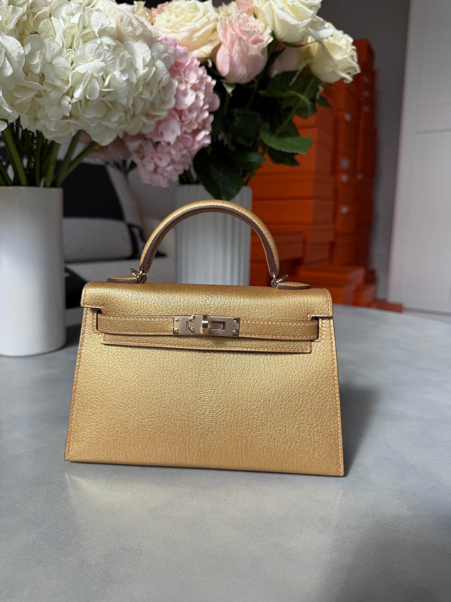 Hermes Metallic Chevre Chamkilight Mini Kelly Sellier 20 Dore PBHW - Carly Julia Sells Stuff, LLC