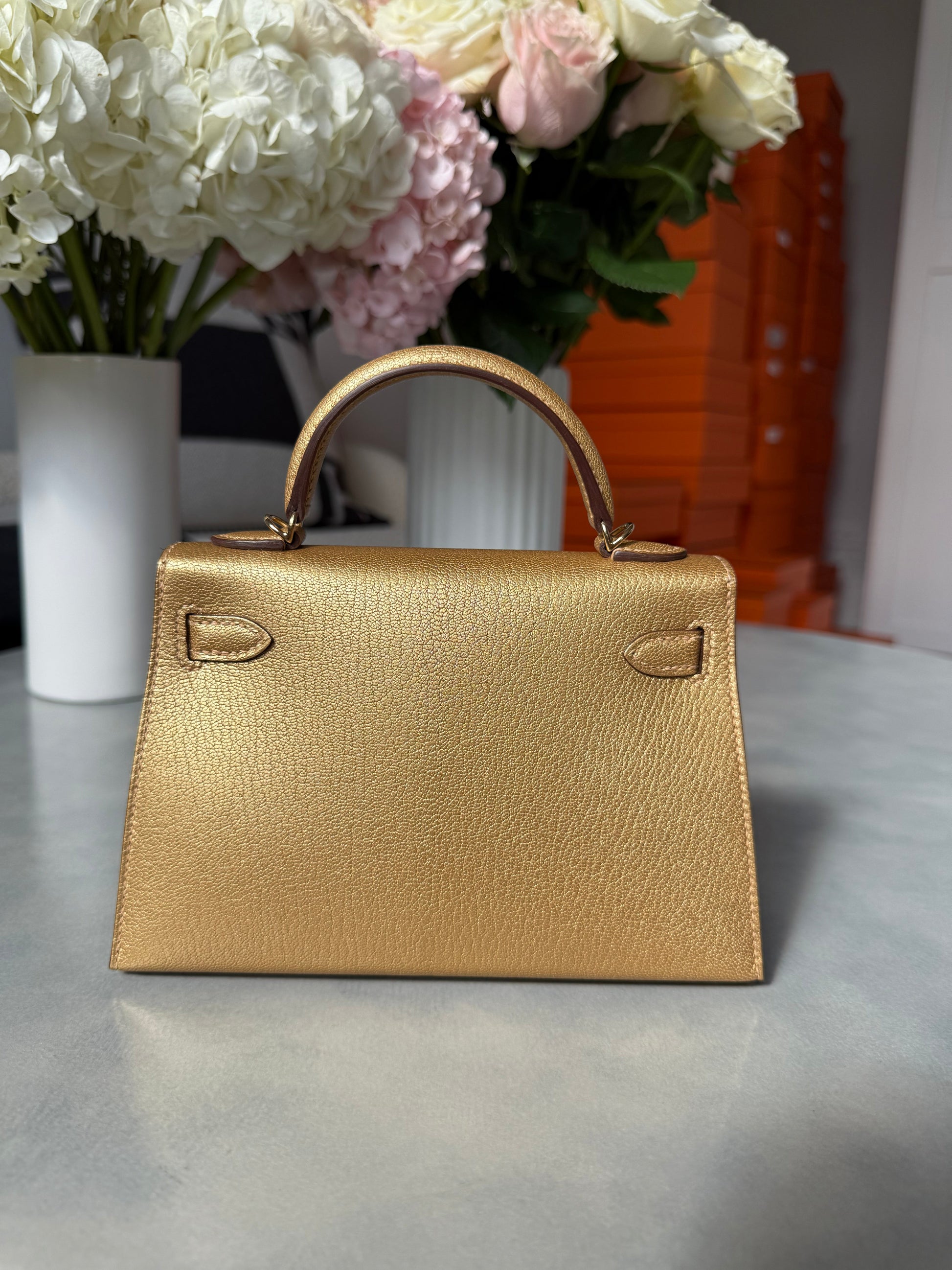 Hermes Metallic Chevre Chamkilight Mini Kelly Sellier 20 Dore PBHW - Carly Julia Sells Stuff, LLC