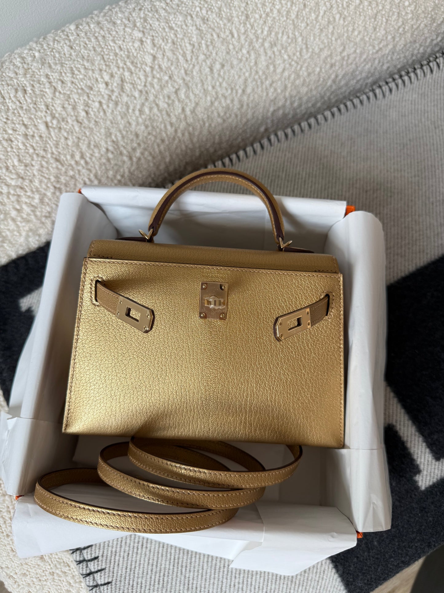 Hermes Metallic Chevre Chamkilight Mini Kelly Sellier 20 Dore PBHW - Carly Julia Sells Stuff, LLC