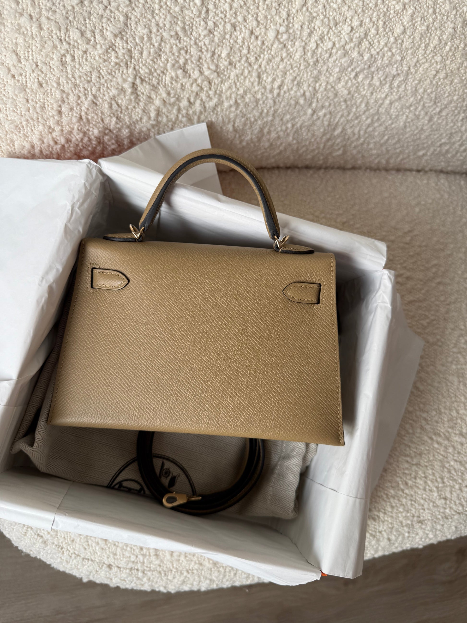 RESERVED Partial Payment: Hermes Mini Kelly Poussiere Epsom Permabrass Hardware - Carly Julia Sells Stuff, LLC