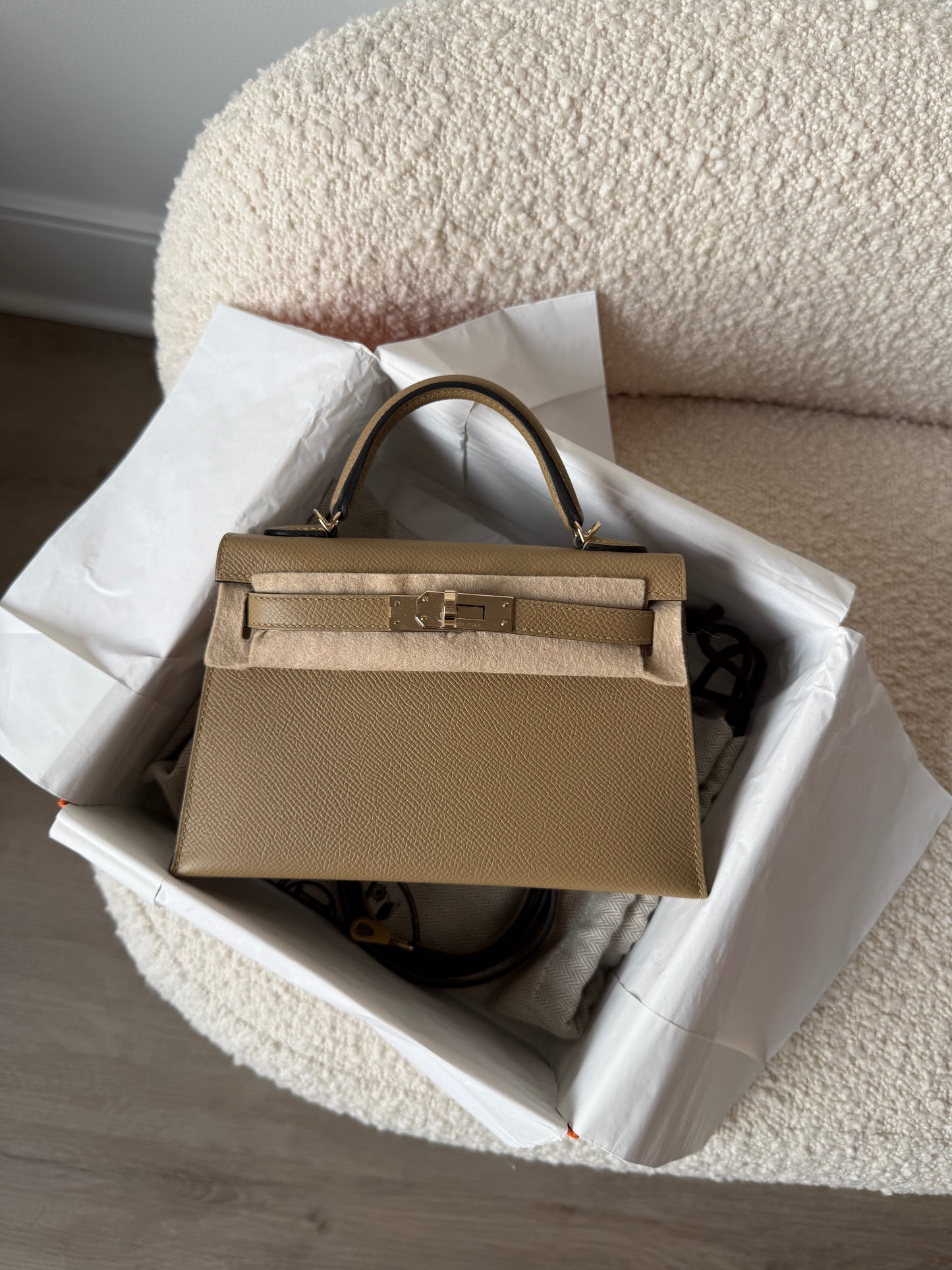 RESERVED Partial Payment: Hermes Mini Kelly Poussiere Epsom Permabrass Hardware - Carly Julia Sells Stuff, LLC