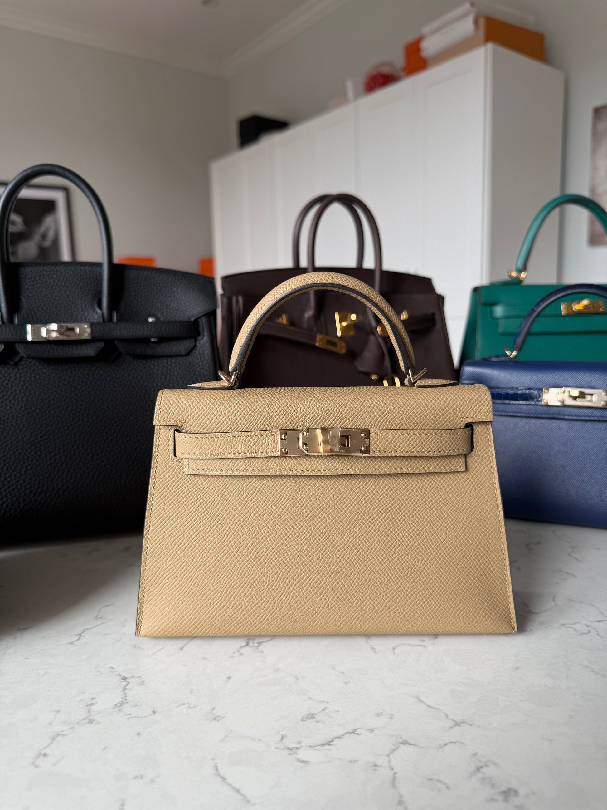 RESERVED Partial Payment: Hermes Mini Kelly Poussiere Epsom Permabrass Hardware - Carly Julia Sells Stuff, LLC