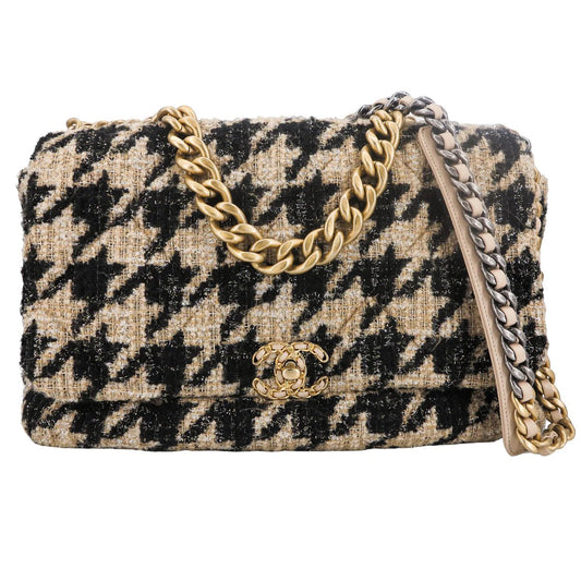 CHANEL 19 Maxi 19K Beige Black Houndstooth Tweed - Carly Julia Sells Stuff, LLC