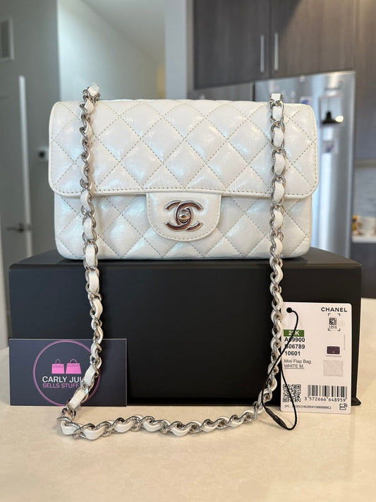 CHANEL 21K Mini Rectangle White Crumpled Iridescent Calfskin - Carly Julia Sells Stuff, LLC