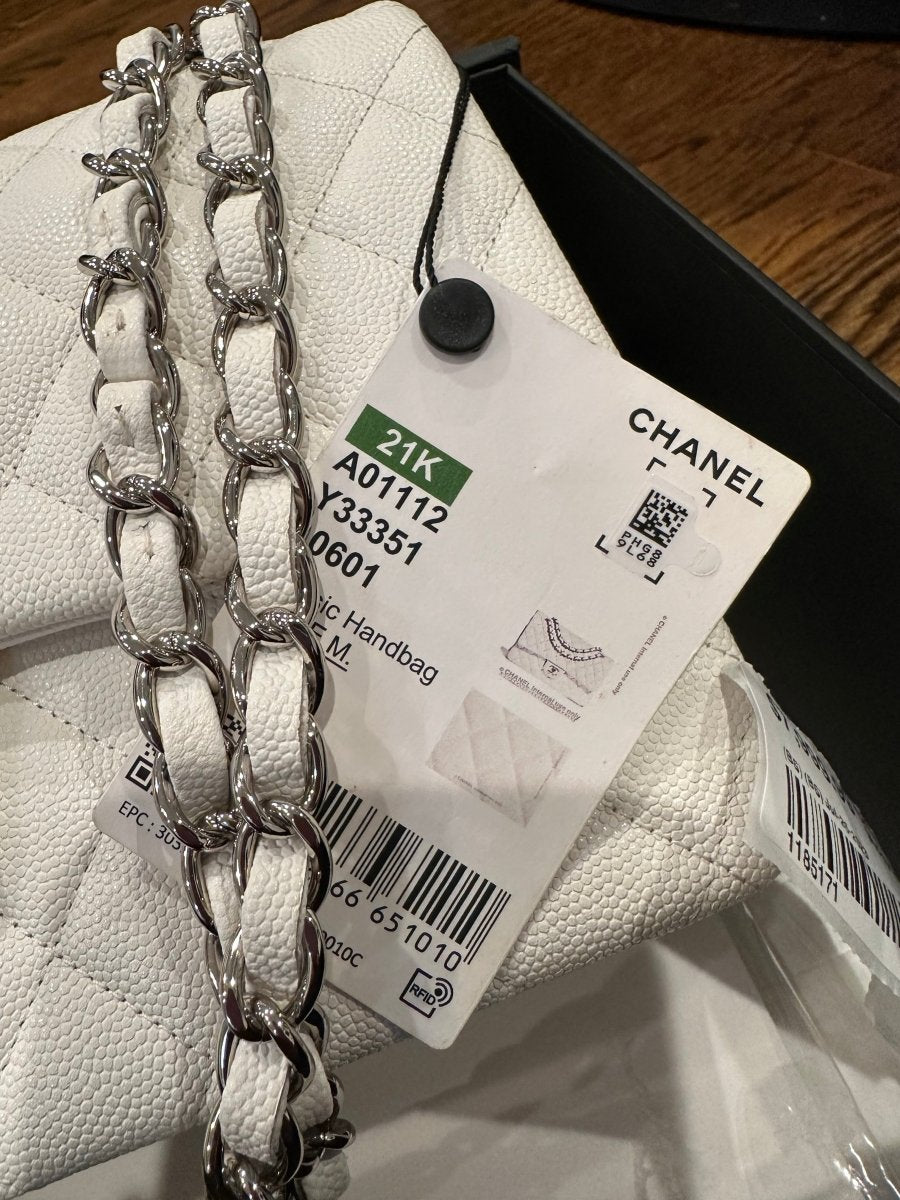 CHANEL 21K White Caviar Medium Double Flap Silver Hardware - Carly Julia Sells Stuff, LLC