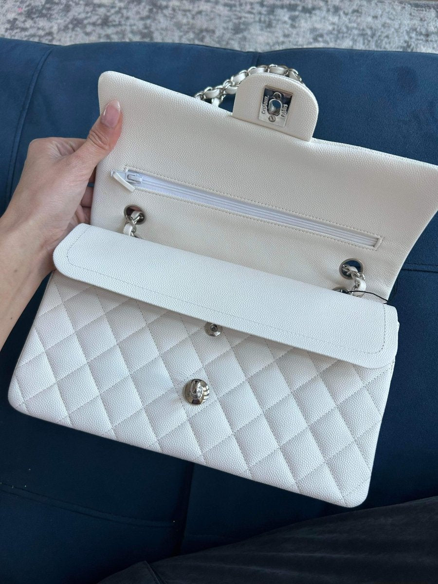 CHANEL 21K White Caviar Medium Double Flap Silver Hardware - Carly Julia Sells Stuff, LLC