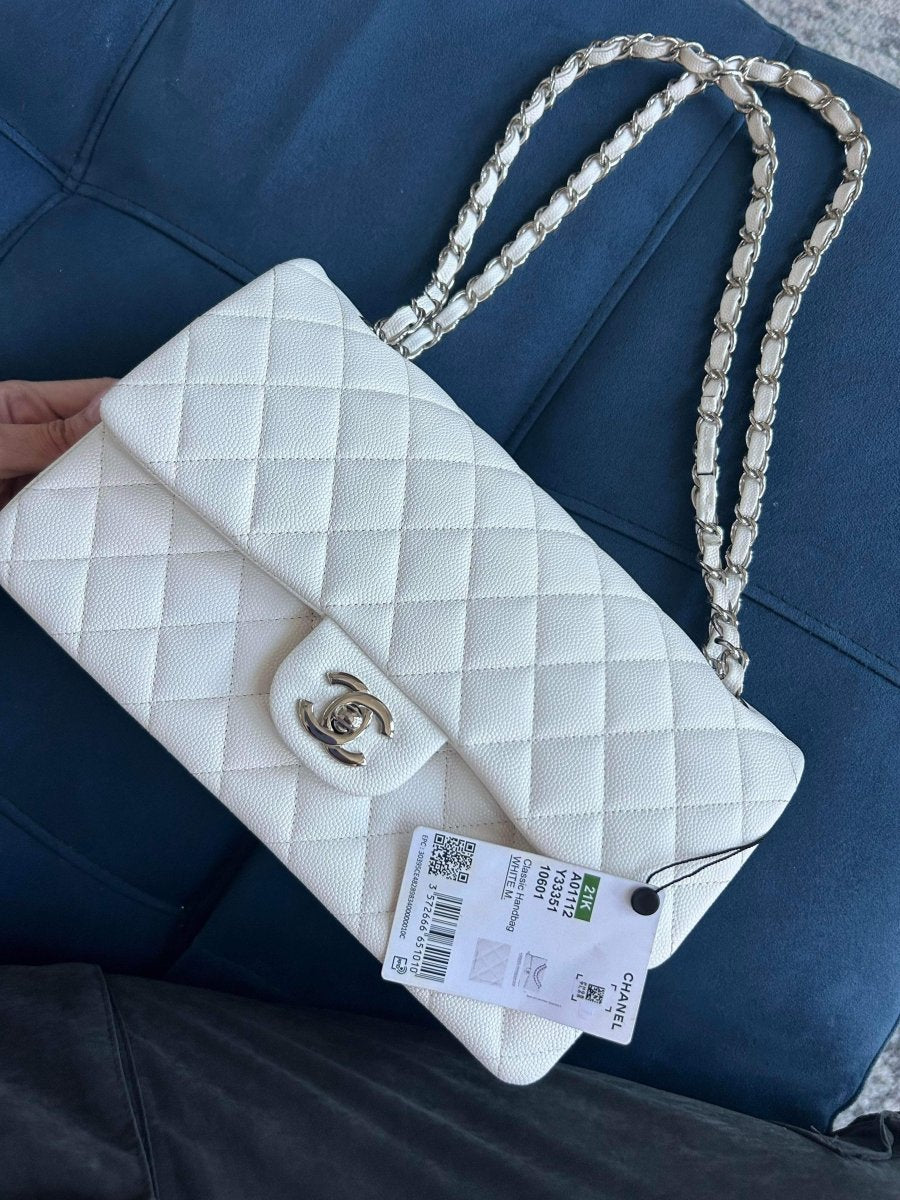 CHANEL 21K White Caviar Medium Double Flap Silver Hardware - Carly Julia Sells Stuff, LLC