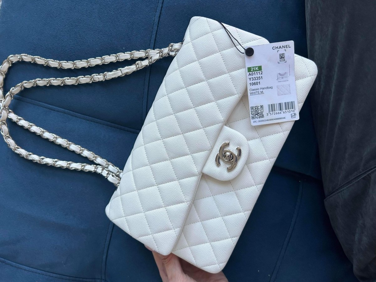 CHANEL 21K White Caviar Medium Double Flap Silver Hardware - Carly Julia Sells Stuff, LLC