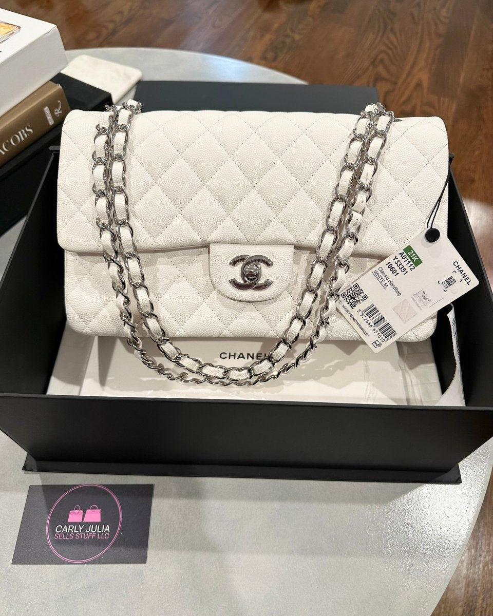 CHANEL 21K White Caviar Medium Double Flap Silver Hardware - Carly Julia Sells Stuff, LLC