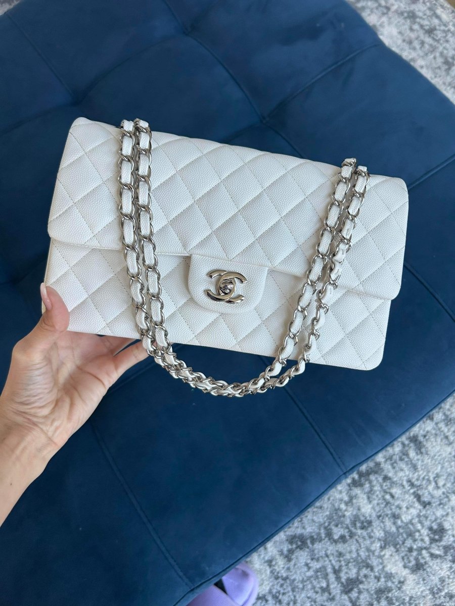 CHANEL 21K White Caviar Medium Double Flap Silver Hardware - Carly Julia Sells Stuff, LLC