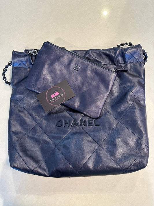CHANEL 22 Small Hobo Shiny Navy Calfskin - Carly Julia Sells Stuff, LLC