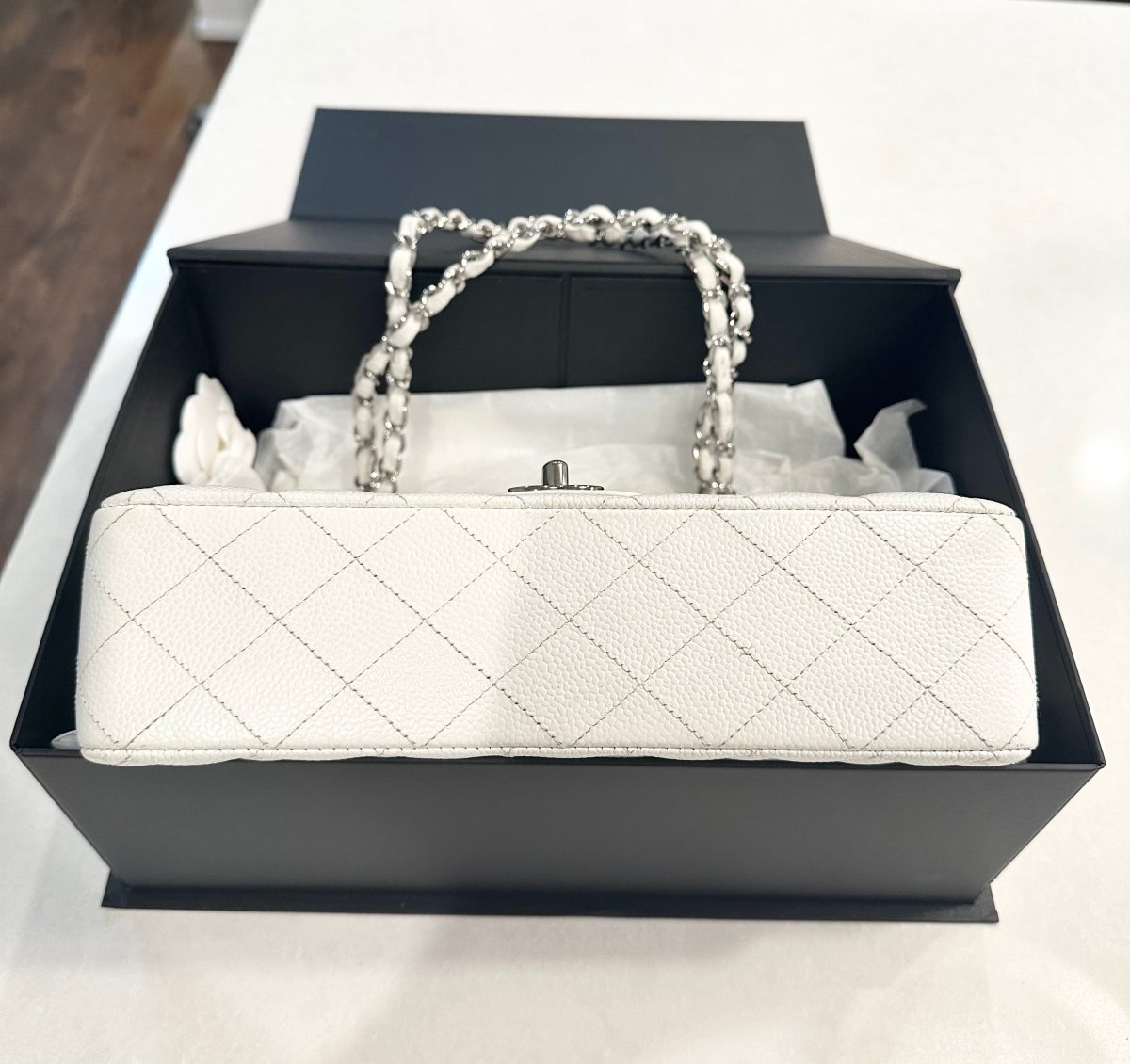 CHANEL Medium Caviar White Double Flap Silver Hardware - Carly Julia Sells Stuff, LLC