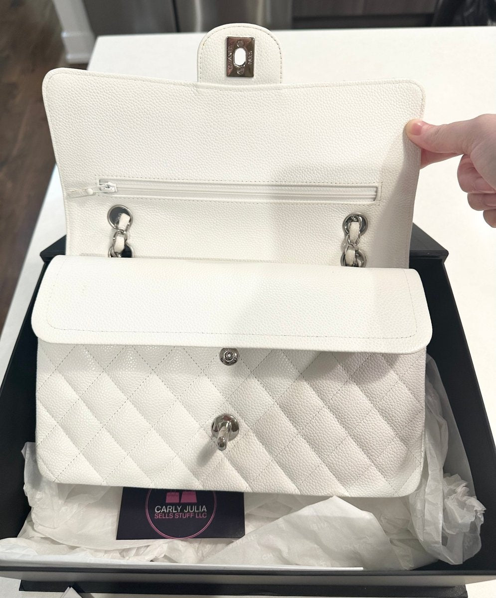 CHANEL Medium Caviar White Double Flap Silver Hardware - Carly Julia Sells Stuff, LLC