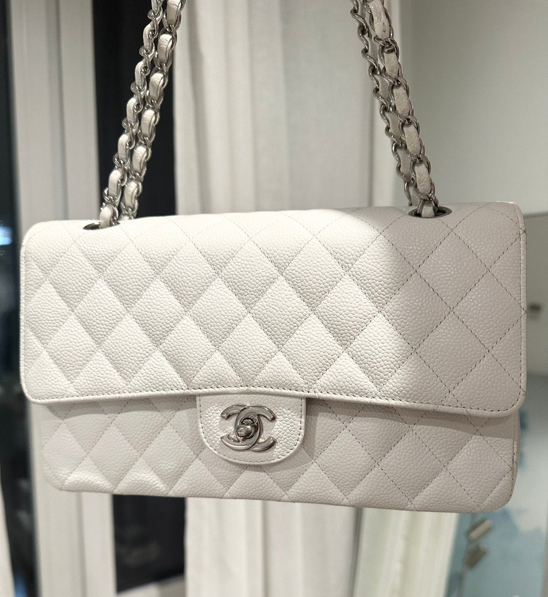 CHANEL Medium Caviar White Double Flap Silver Hardware - Carly Julia Sells Stuff, LLC