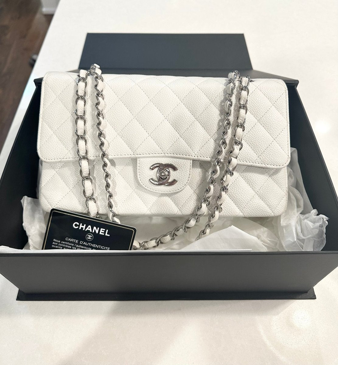 CHANEL Medium Caviar White Double Flap Silver Hardware - Carly Julia Sells Stuff, LLC