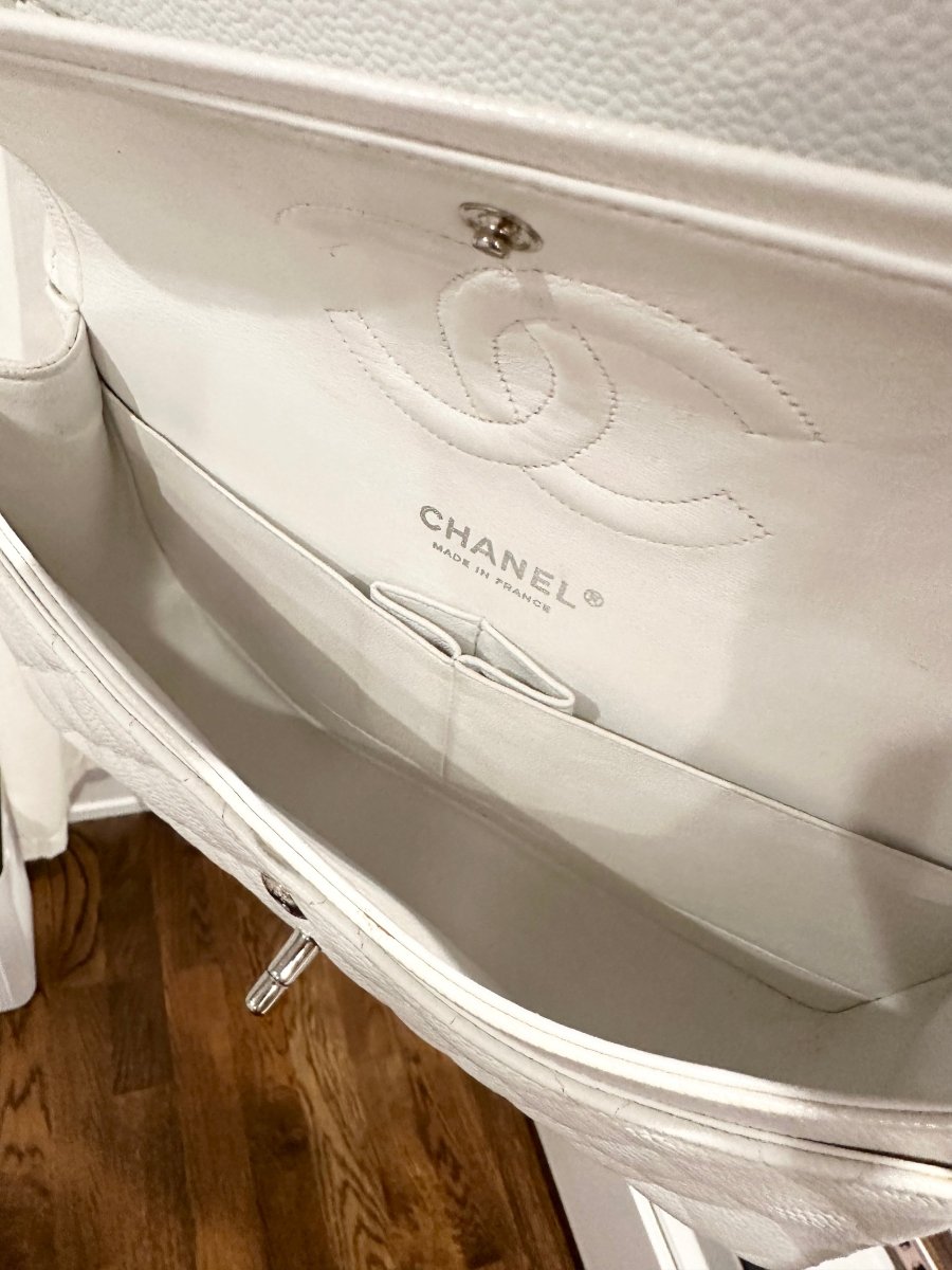 CHANEL Medium Caviar White Double Flap Silver Hardware - Carly Julia Sells Stuff, LLC