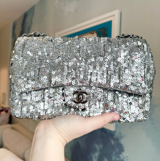 CHANEL Medium Silver Sequin Single Flap - Carly Julia Sells Stuff, LLC
