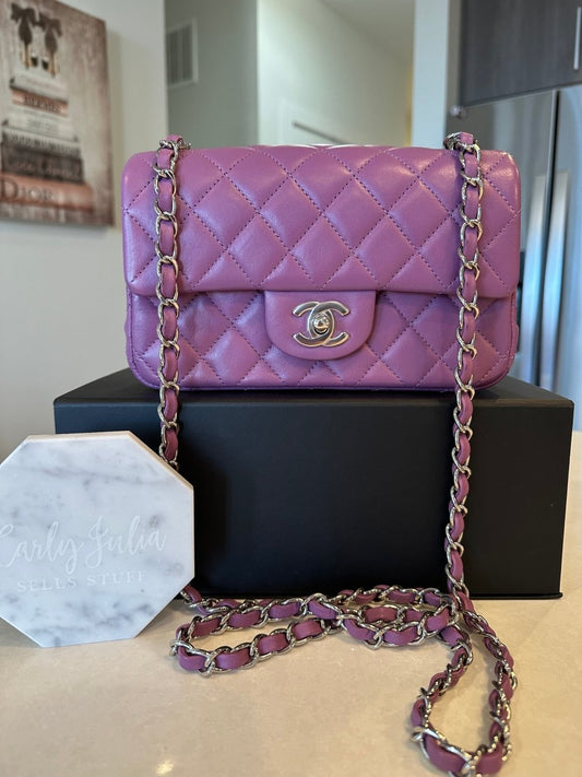 CHANEL Mini Purple Lambskin Classic Flap SHW - Carly Julia Sells Stuff, LLC