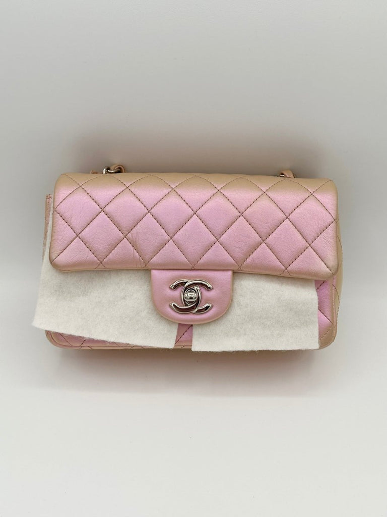 21K CHANEL Classic Mini Flap Bag Iridescent Pink Calfskin Rectangular 2021  NWT 