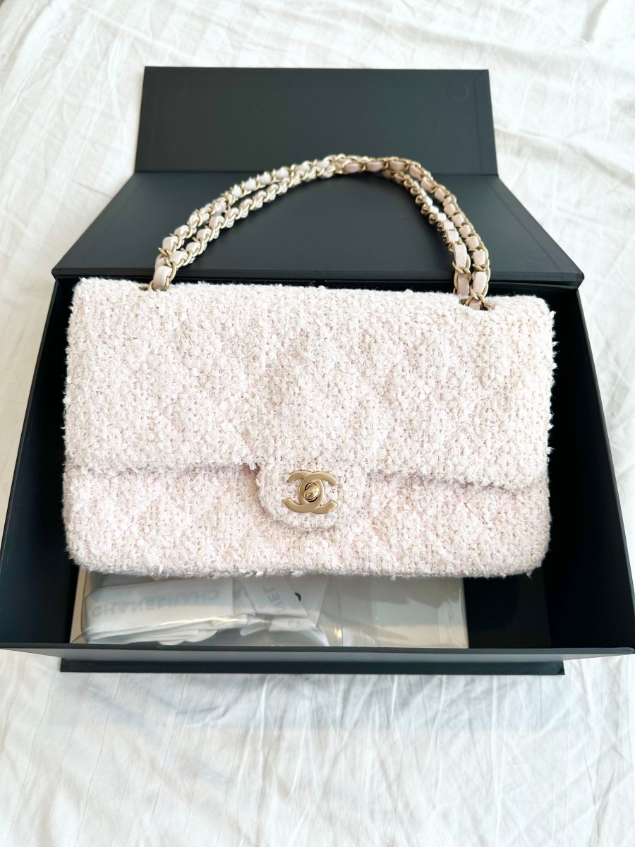 Chanel Tweed Sakura Pink Double Flap - Carly Julia Sells Stuff, LLC