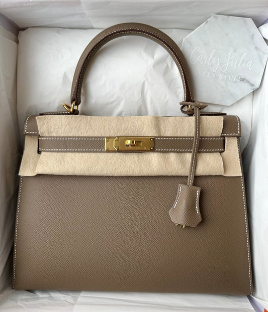 Hermes 2024 Kelly 28 Sellier Etoupe GHW - Carly Julia Sells Stuff, LLC